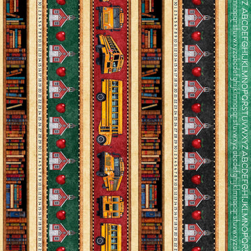 Image of Grab Bag Season 3 School Stripe Multi quilting cotton fabric by Morris Creative Group for QT Fabrics. Features schools on a black background. Cute Little Fabric Shop