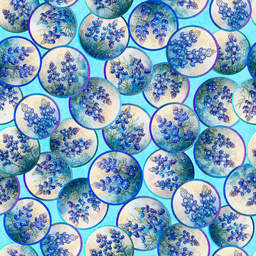 Image of Grab Bag Season 3 Bluebonnets Vignettes Blue quilting cotton fabric by Morris Creative Group for QT Fabrics. Features flowers on a blue background. Cute Little Fabric Shop
