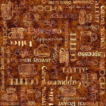 Image of Grab Bag Season 3 Coffee Text Brown quilting cotton fabric by Morris Creative Group for QT Fabrics. Features text on a brown background. Cute Little Fabric Shop