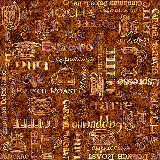 Image of Grab Bag Season 3 Coffee Text Brown quilting cotton fabric by Morris Creative Group for QT Fabrics. Features text on a brown background. Cute Little Fabric Shop