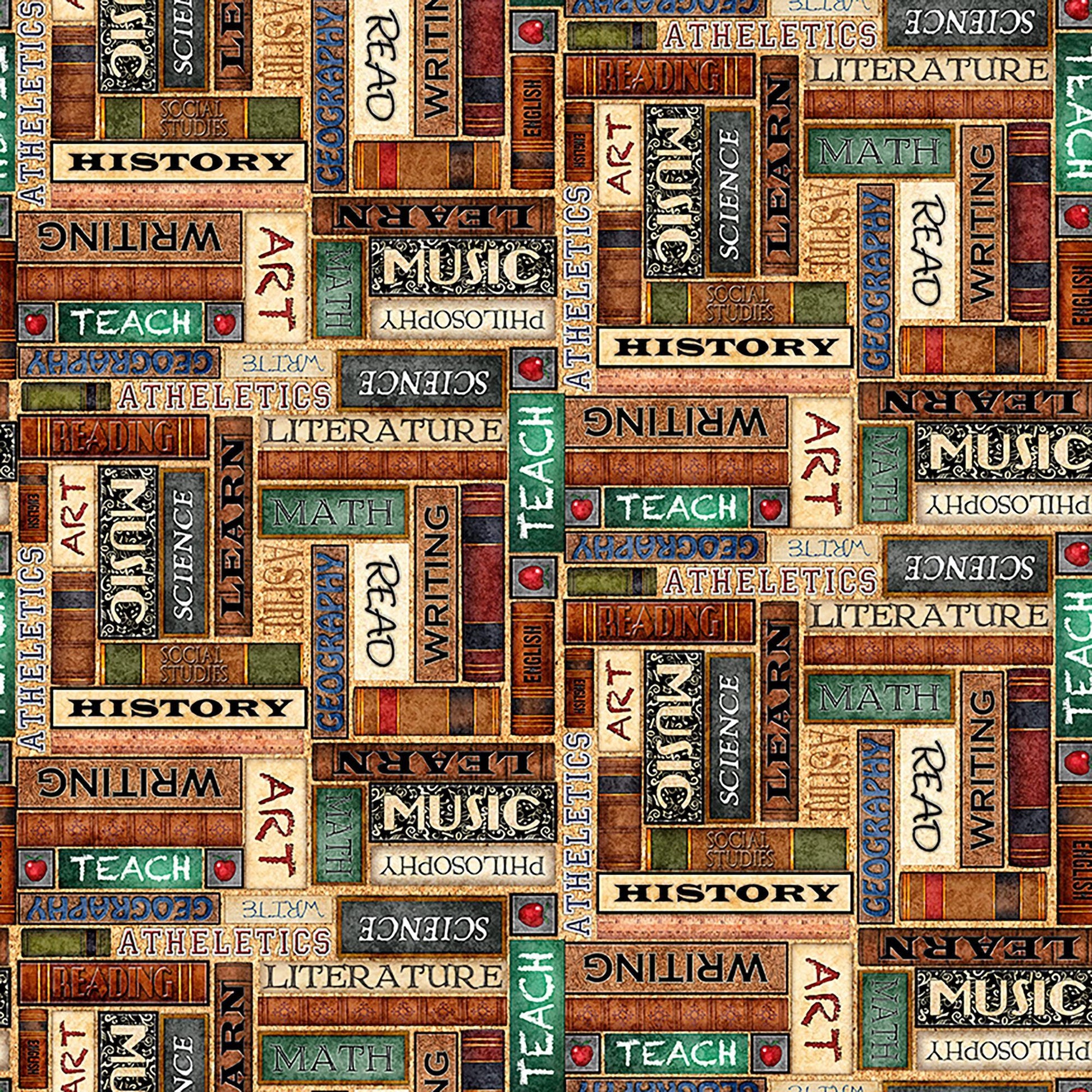 Image of Grab Bag Season 3 School Books Multi quilting cotton fabric by Morris Creative Group for QT Fabrics. Features books on a brown background. Cute Little Fabric Shop