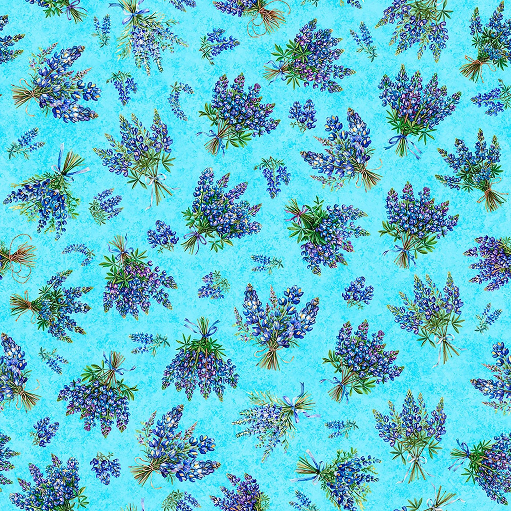 Image of Grab Bag Season 3 Bluebonnets Bouquet Blue quilting cotton fabric by Morris Creative Group for QT Fabrics. Features flowers on a blue background. Cute Little Fabric Shop
