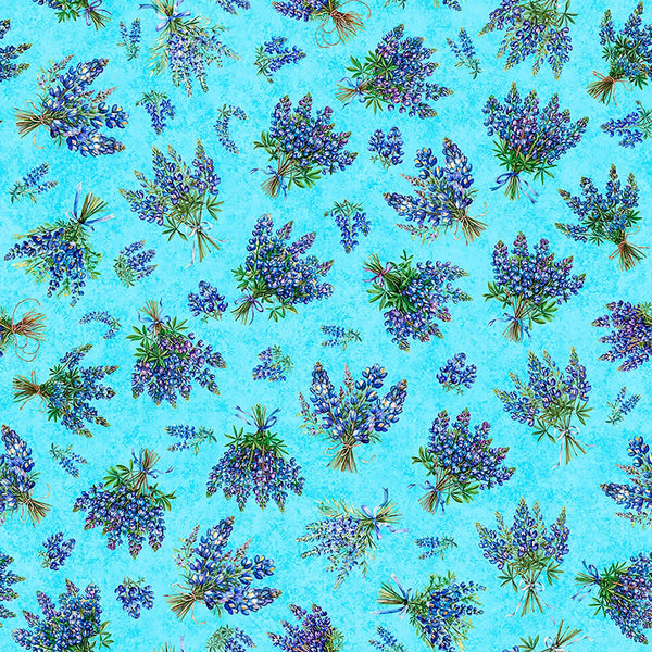 Image of Grab Bag Season 3 Bluebonnets Bouquet Blue quilting cotton fabric by Morris Creative Group for QT Fabrics. Features flowers on a blue background. Cute Little Fabric Shop