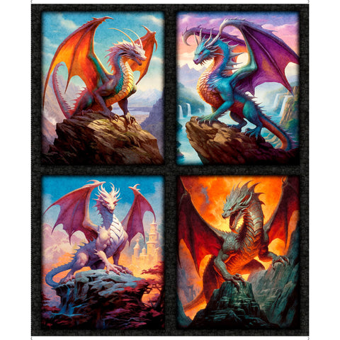 Dragon's Song Dragon Patch Panel 31149 Multi X - by QT Fabrics - Fantasy Medieval Fairytale - Quilting Cotton Fabric
