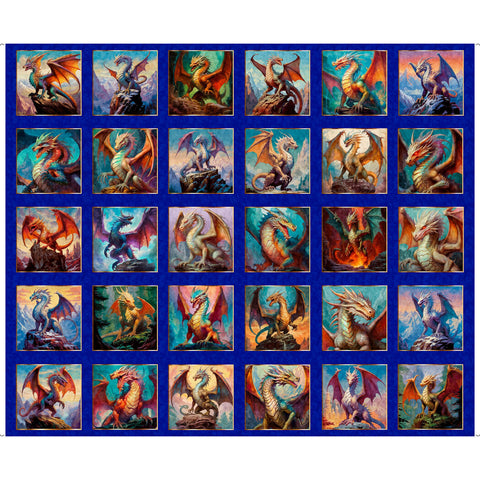 Dragon's Song Dragon Blocks 31150 Royal Y Panel - by QT Fabrics - Fantasy Medieval Fairytale - Quilting Cotton Fabric