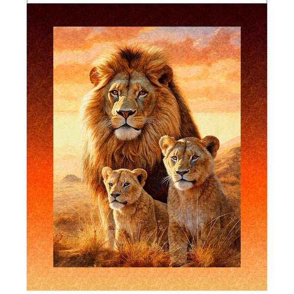 Roar Of The Pride Lion & Cubs Panel 31213 Burnt Orange O - by QT Fabrics - Nature Large Cats - Quilting Cotton Fabric
