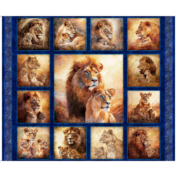Roar Of The Pride Lion Picture Patches Panel 31214 Navy N - by QT Fabrics - Honeybee - Quilting Cotton Fabric