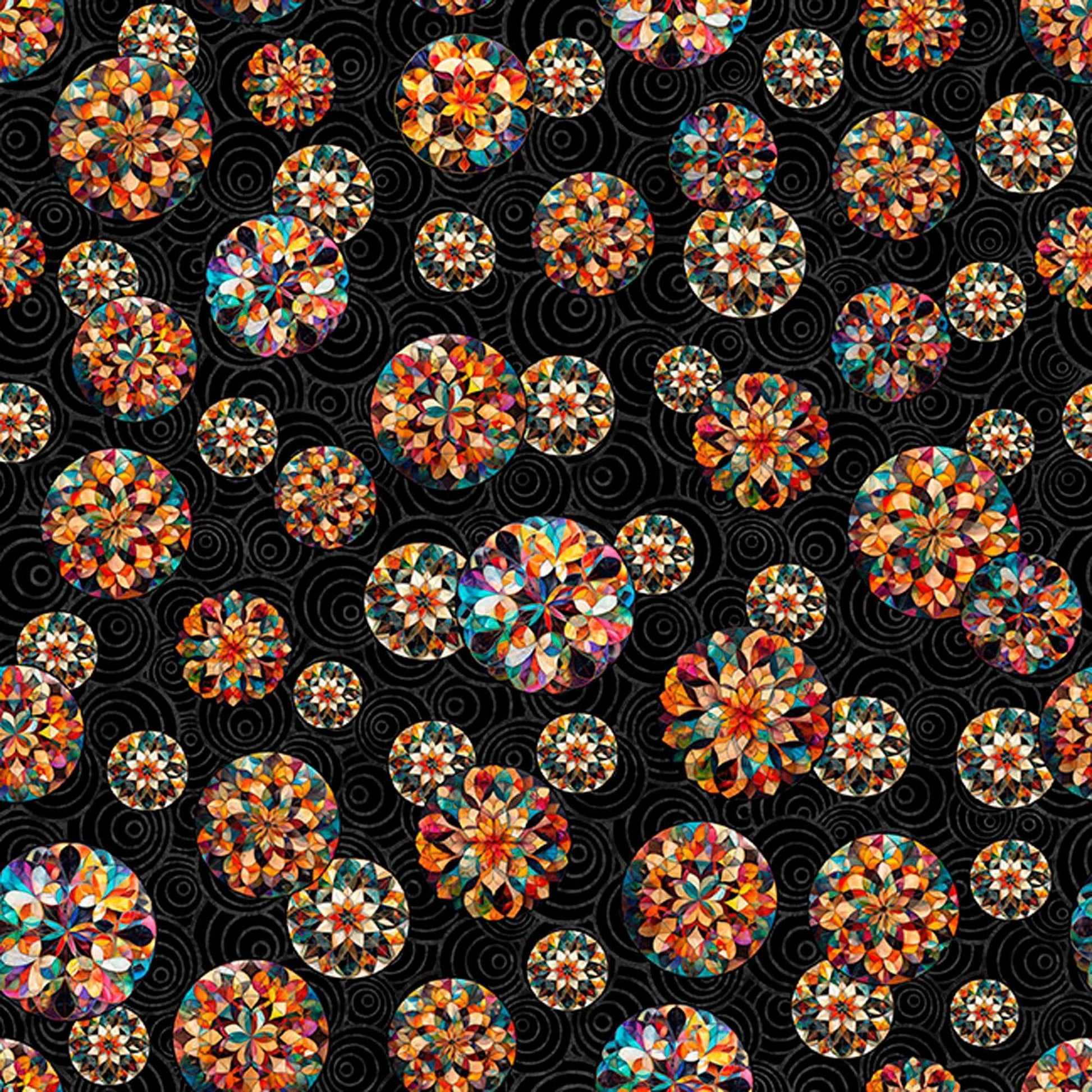 Image of Solstice Kaleidoscope Tossed Circles Black quilting cotton fabric by Morris Creative Group for QT Fabrics. Features geometric designs on a black background. Cute Little Fabric Shop