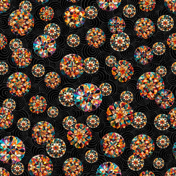 Image of Solstice Kaleidoscope Tossed Circles Black quilting cotton fabric by Morris Creative Group for QT Fabrics. Features geometric designs on a black background. Cute Little Fabric Shop
