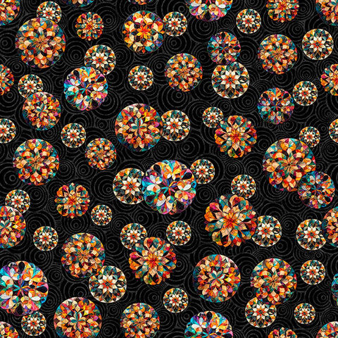 Image of Solstice Kaleidoscope Tossed Circles Black quilting cotton fabric by Morris Creative Group for QT Fabrics. Features geometric designs on a black background. Cute Little Fabric Shop