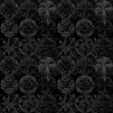 Image of Solstice Kaleidoscope Packed Circles Black quilting cotton fabric by Morris Creative Group for QT Fabrics. Features geometric designs on a black background. Cute Little Fabric Shop
