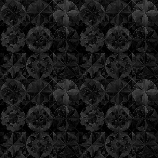 Image of Solstice Kaleidoscope Packed Circles Black quilting cotton fabric by Morris Creative Group for QT Fabrics. Features geometric designs on a black background. Cute Little Fabric Shop