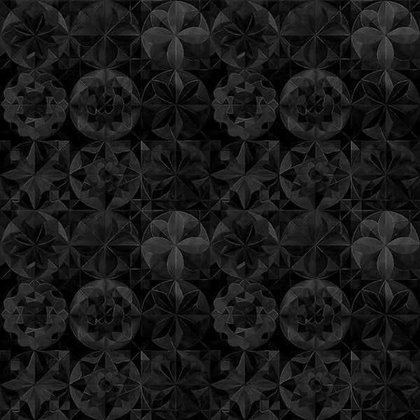 Image of Solstice Kaleidoscope Packed Circles Black quilting cotton fabric by Morris Creative Group for QT Fabrics. Features geometric designs on a black background. Cute Little Fabric Shop
