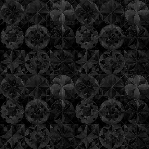 Image of Solstice Kaleidoscope Packed Circles Black quilting cotton fabric by Morris Creative Group for QT Fabrics. Features geometric designs on a black background. Cute Little Fabric Shop