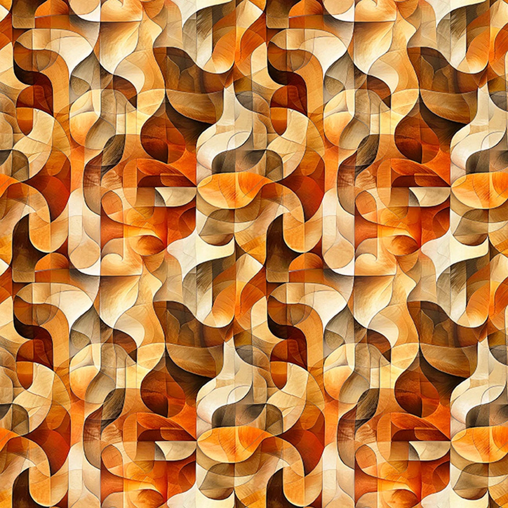 Image of Solstice Kaleidoscope Geo Orange quilting cotton fabric by Morris Creative Group for QT Fabrics. Features geometric designs on a brown background. Cute Little Fabric Shop