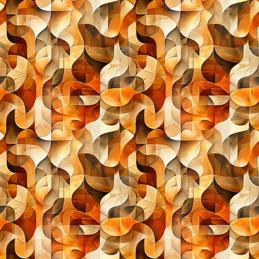 Image of Solstice Kaleidoscope Geo Orange quilting cotton fabric by Morris Creative Group for QT Fabrics. Features geometric designs on a brown background. Cute Little Fabric Shop