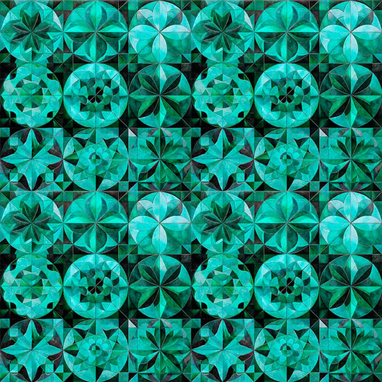 Image of Solstice Kaleidoscope Packed Circles Teal quilting cotton fabric by Morris Creative Group for QT Fabrics. Features geometric designs on a teal background. Cute Little Fabric Shop