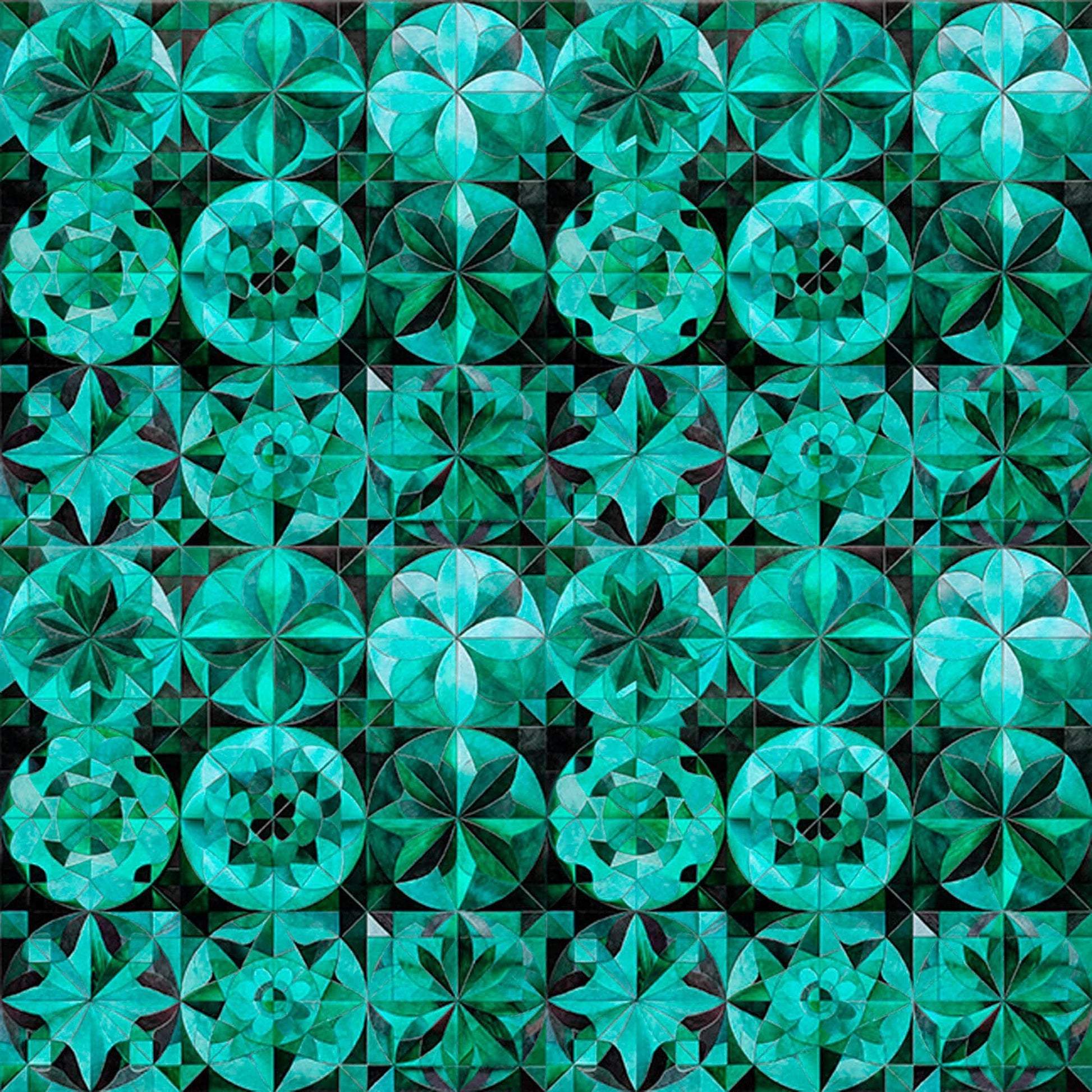 Image of Solstice Kaleidoscope Packed Circles Teal quilting cotton fabric by Morris Creative Group for QT Fabrics. Features geometric designs on a teal background. Cute Little Fabric Shop