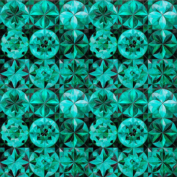 Image of Solstice Kaleidoscope Packed Circles Teal quilting cotton fabric by Morris Creative Group for QT Fabrics. Features geometric designs on a teal background. Cute Little Fabric Shop