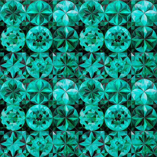 Image of Solstice Kaleidoscope Packed Circles Teal quilting cotton fabric by Morris Creative Group for QT Fabrics. Features geometric designs on a teal background. Cute Little Fabric Shop
