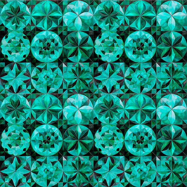 Image of Solstice Kaleidoscope Packed Circles Teal quilting cotton fabric by Morris Creative Group for QT Fabrics. Features geometric designs on a teal background. Cute Little Fabric Shop