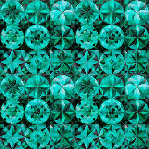 Image of Solstice Kaleidoscope Packed Circles Teal quilting cotton fabric by Morris Creative Group for QT Fabrics. Features geometric designs on a teal background. Cute Little Fabric Shop