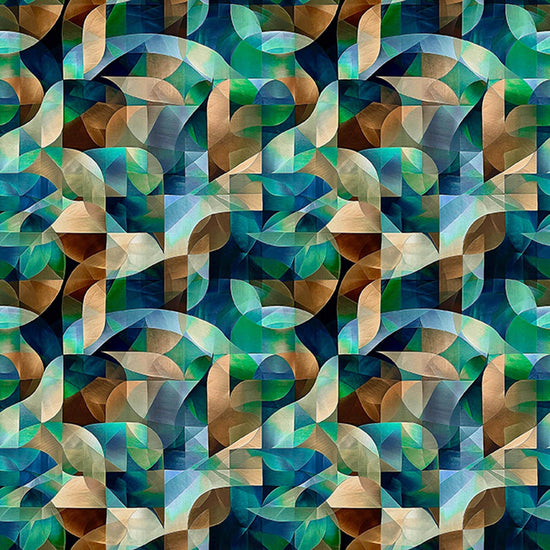 Image of Solstice Kaleidoscope Geo Teal quilting cotton fabric by Morris Creative Group for QT Fabrics. Features geometric designs on a blue background. Cute Little Fabric Shop