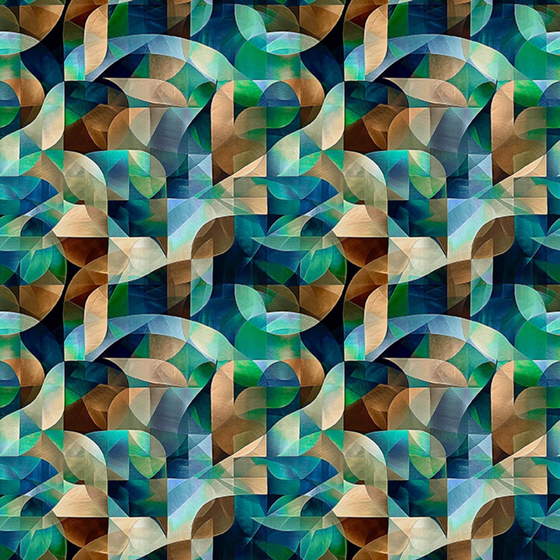 Image of Solstice Kaleidoscope Geo Teal quilting cotton fabric by Morris Creative Group for QT Fabrics. Features geometric designs on a blue background. Cute Little Fabric Shop