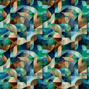 Image of Solstice Kaleidoscope Geo Teal quilting cotton fabric by Morris Creative Group for QT Fabrics. Features geometric designs on a blue background. Cute Little Fabric Shop