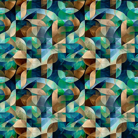 Image of Solstice Kaleidoscope Geo Teal quilting cotton fabric by Morris Creative Group for QT Fabrics. Features geometric designs on a blue background. Cute Little Fabric Shop