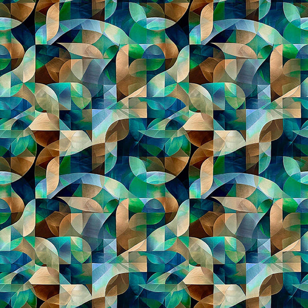Image of Solstice Kaleidoscope Geo Teal quilting cotton fabric by Morris Creative Group for QT Fabrics. Features geometric designs on a blue background. Cute Little Fabric Shop