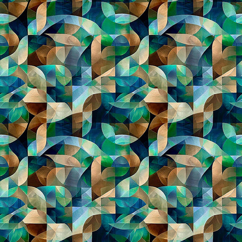 Image of Solstice Kaleidoscope Geo Teal quilting cotton fabric by Morris Creative Group for QT Fabrics. Features geometric designs on a blue background. Cute Little Fabric Shop