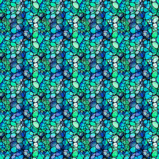 Image of Solstice Kaleidoscope Teal quilting cotton fabric by Morris Creative Group for QT Fabrics. Features geometric designs on a green background. Cute Little Fabric Shop