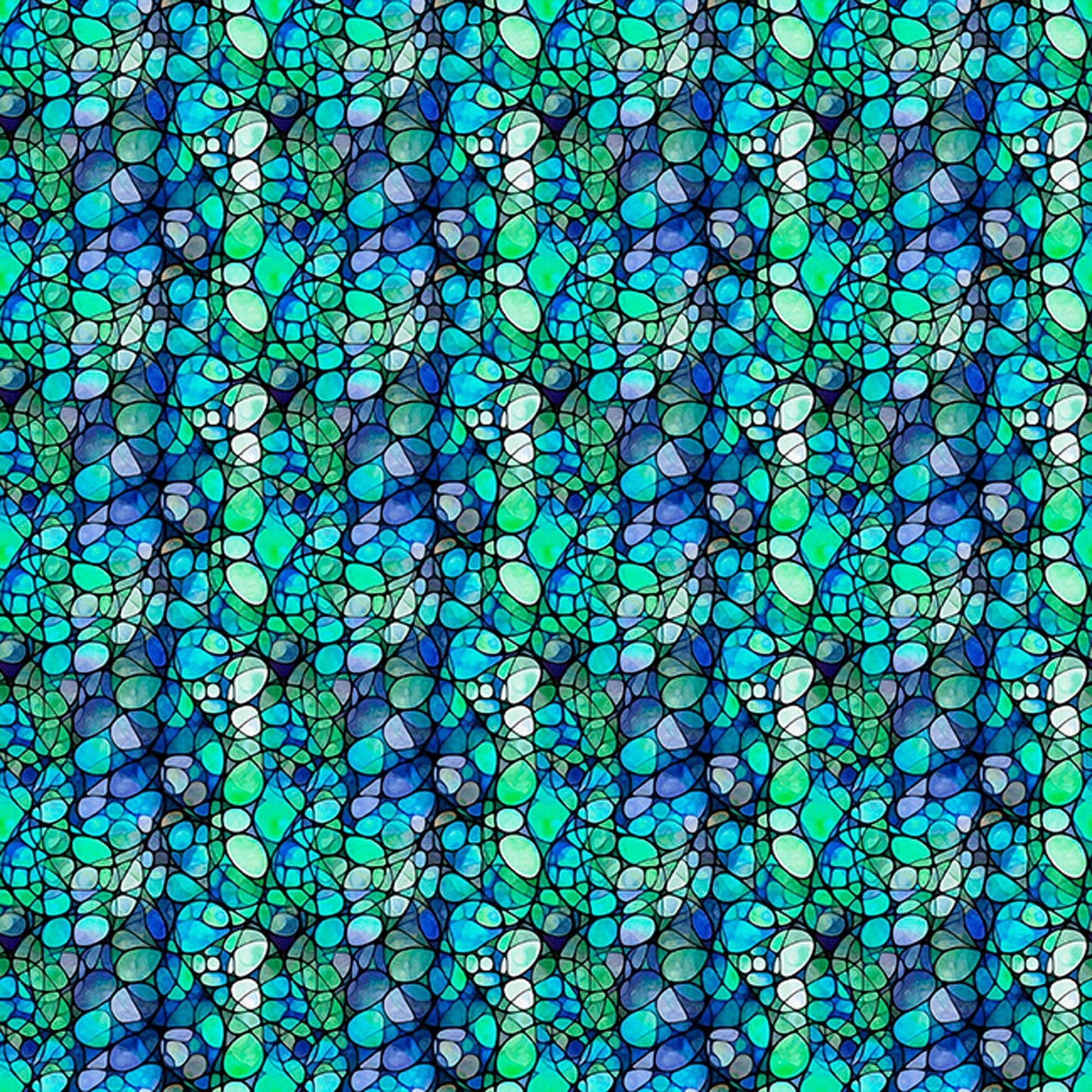 Image of Solstice Kaleidoscope Teal quilting cotton fabric by Morris Creative Group for QT Fabrics. Features geometric designs on a green background. Cute Little Fabric Shop