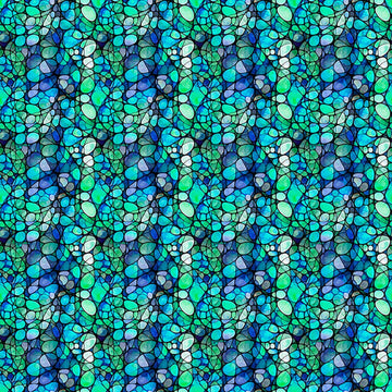 Image of Solstice Kaleidoscope Teal quilting cotton fabric by Morris Creative Group for QT Fabrics. Features geometric designs on a green background. Cute Little Fabric Shop
