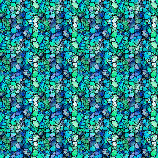 Image of Solstice Kaleidoscope Teal quilting cotton fabric by Morris Creative Group for QT Fabrics. Features geometric designs on a green background. Cute Little Fabric Shop