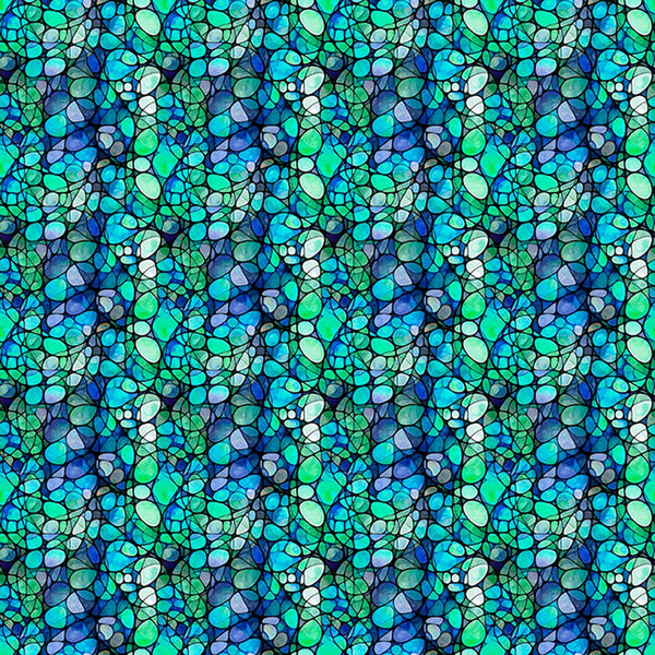Image of Solstice Kaleidoscope Teal quilting cotton fabric by Morris Creative Group for QT Fabrics. Features geometric designs on a green background. Cute Little Fabric Shop