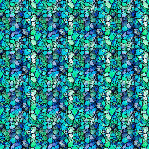 Image of Solstice Kaleidoscope Teal quilting cotton fabric by Morris Creative Group for QT Fabrics. Features geometric designs on a green background. Cute Little Fabric Shop