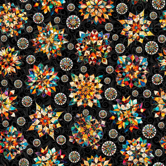 Image of Solstice Kaleidoscope Medallions Black quilting cotton fabric by Morris Creative Group for QT Fabrics. Features geometric designs on a black background. Cute Little Fabric Shop