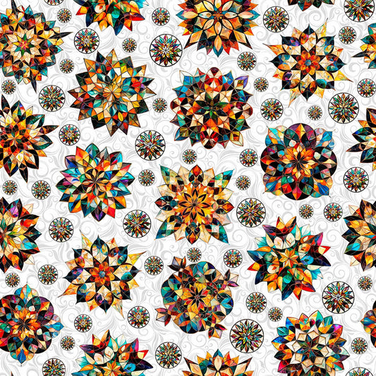 Image of Solstice Kaleidoscope Medallions White quilting cotton fabric by Morris Creative Group for QT Fabrics. Features geometric designs on a white background. Cute Little Fabric Shop