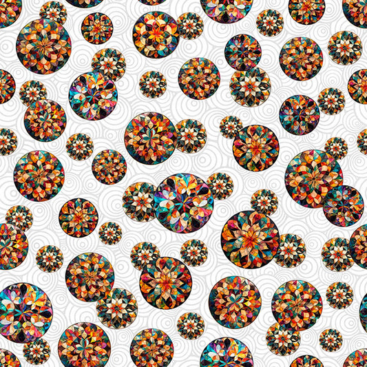 Image of Solstice Kaleidoscope Tossed Circles White quilting cotton fabric by Morris Creative Group for QT Fabrics. Features geometric designs on a white background. Cute Little Fabric Shop