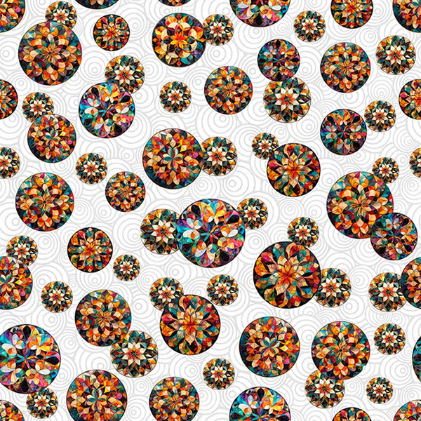Image of Solstice Kaleidoscope Tossed Circles White quilting cotton fabric by Morris Creative Group for QT Fabrics. Features geometric designs on a white background. Cute Little Fabric Shop