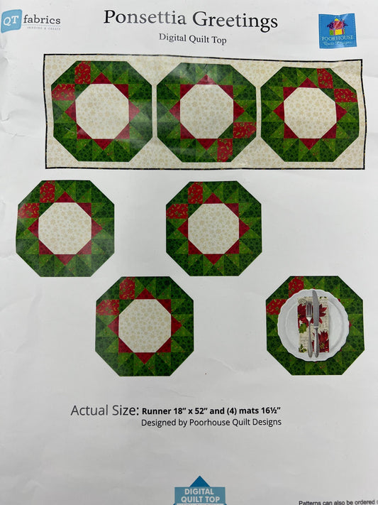 SALE Festive Wreaths Tabletoppers Digital QUILT T0P - Poorhouse Quilt design Ponsettia Greetings - QT - Digital Quilt Top - Quilting Cotton