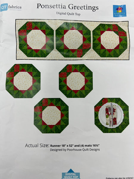 Festive Wreaths Tabletoppers Digital QUILT TOP by Poorhouse Quilt design - Ponsettia Greetings - QT - Digital Quilt Top - Quilting Cotton
