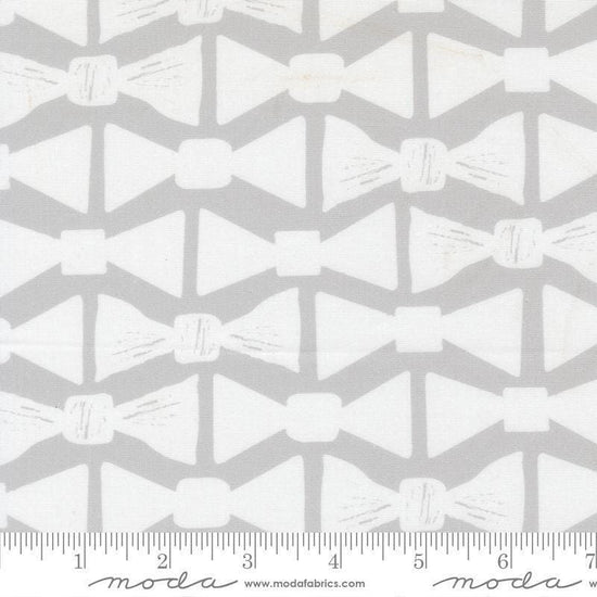 Image of the For My Boys Henry Bowtie Silver quilting cotton fabric by Amy Schelle for Moda Fabrics. Features bowties on a gray background. Cute Little Fabric Shop.