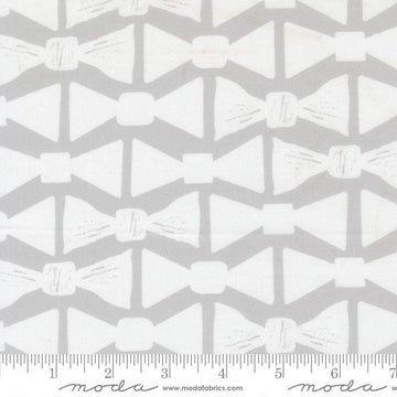 Image of the For My Boys Henry Bowtie Silver quilting cotton fabric by Amy Schelle for Moda Fabrics. Features bowties on a gray background. Cute Little Fabric Shop.
