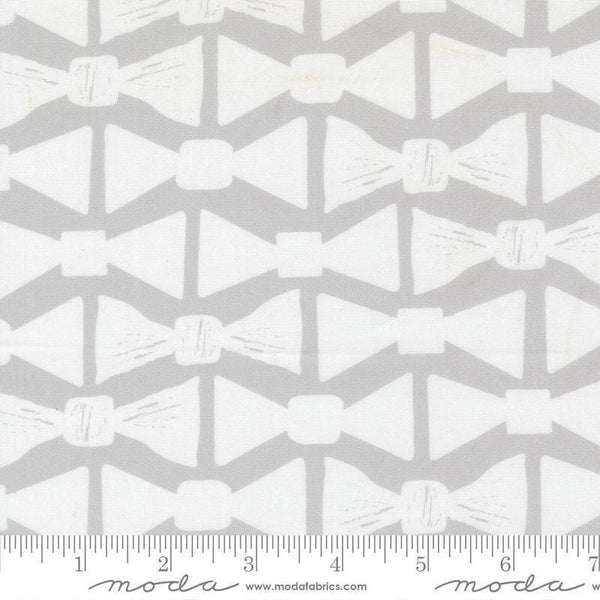 Image of the For My Boys Henry Bowtie Silver quilting cotton fabric by Amy Schelle for Moda Fabrics. Features bowties on a gray background. Cute Little Fabric Shop.