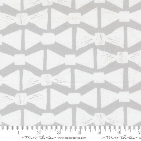 Image of the For My Boys Henry Bowtie Silver quilting cotton fabric by Amy Schelle for Moda Fabrics. Features bowties on a gray background. Cute Little Fabric Shop.