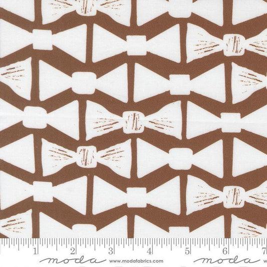 Image of the For My Boys Henry Bowtie Coco quilting cotton fabric by Amy Schelle for Moda Fabrics. Features bowties on a brown background. Cute Little Fabric Shop.