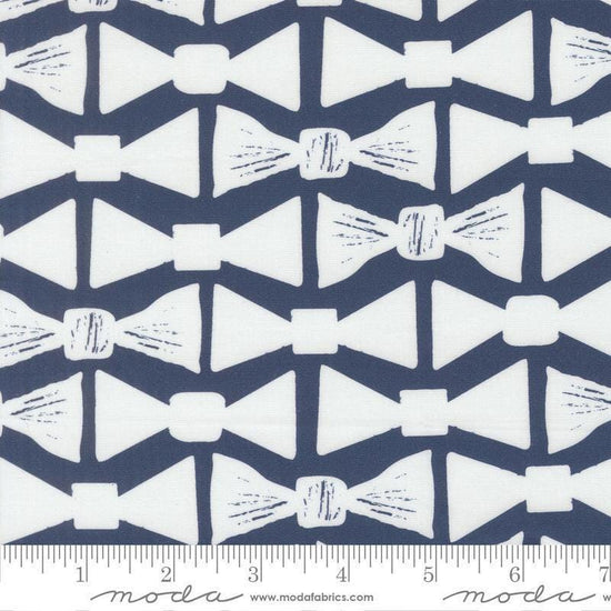 Image of the For My Boys Henry Bowtie Navy quilting cotton fabric by Amy Schelle for Moda Fabrics. Features bowties on a blue background. Cute Little Fabric Shop.